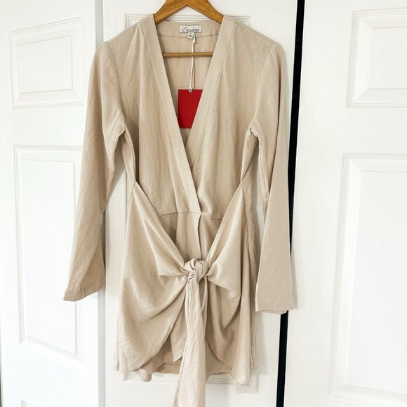 NWT REVOLVE L’Academie The Meadow Linen Wrap Mini Dress Size Small Beige Cream - Picture 3 of 10